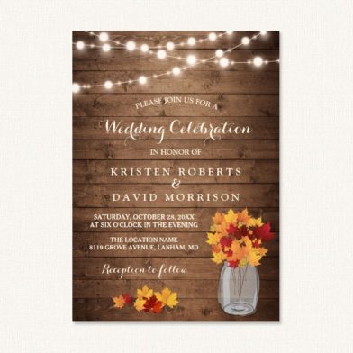 Rustic Fall Wedding Invitations - Autumn Leaves, Trees, Wood, Florals